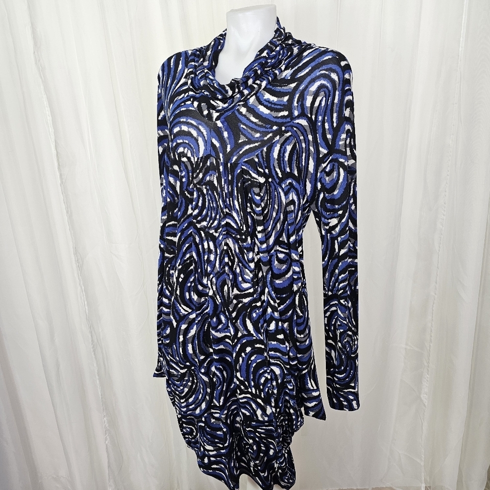 Koos Blue Black Abstract Patterned Long Sleeve Dress Unique Drape Fit Medium